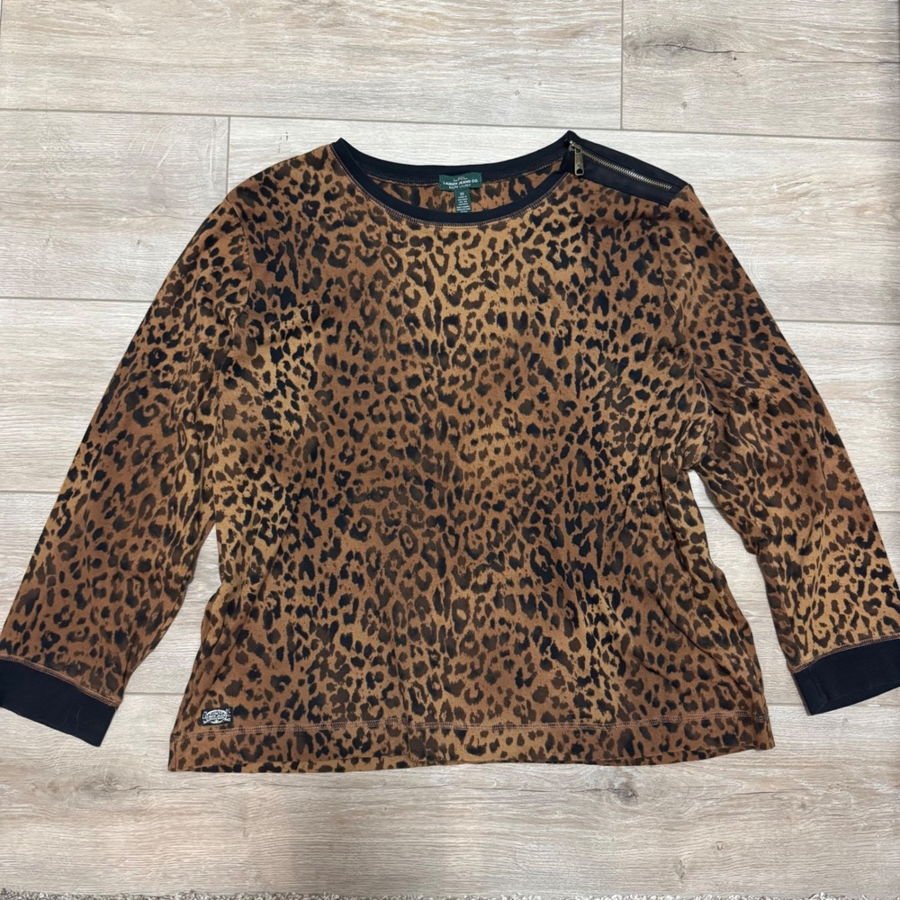 Lauren Ralph Lauren Leopard Print Zipper Shoulder Elbow Patch Top 3X